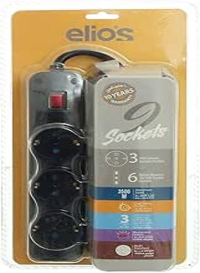 Elios POWER STRIP EXTENSION BOARD 9 Sockets 16 AMP, 3500 W, Child Safety Socket Cover, Cord 3 M- Black